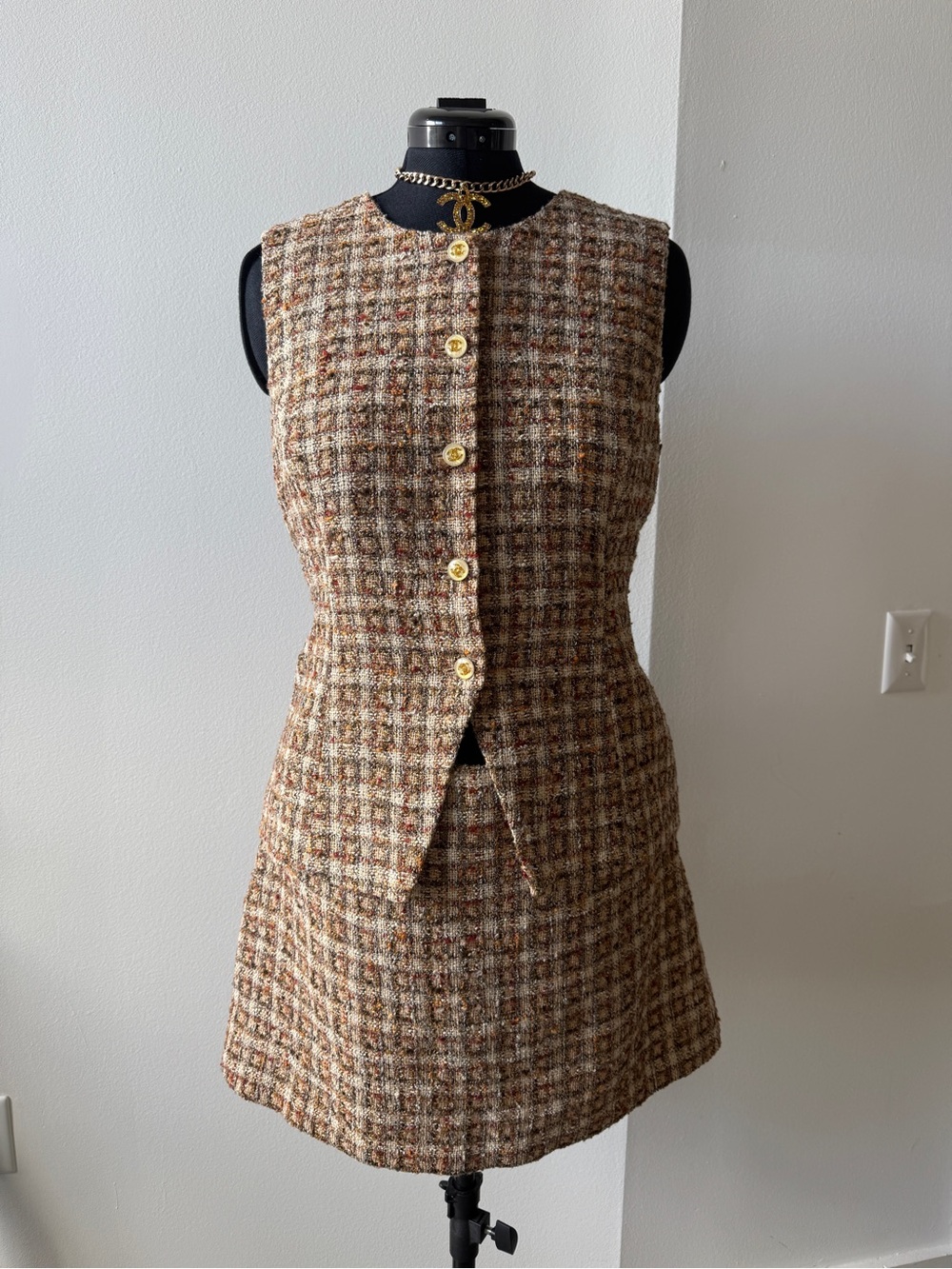 Chanel buttons upcycled on Tweed Shift Dress in Brown Plaid